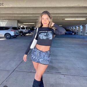 Edikted Black and Gray Graphic Drawstring Mini Skirt